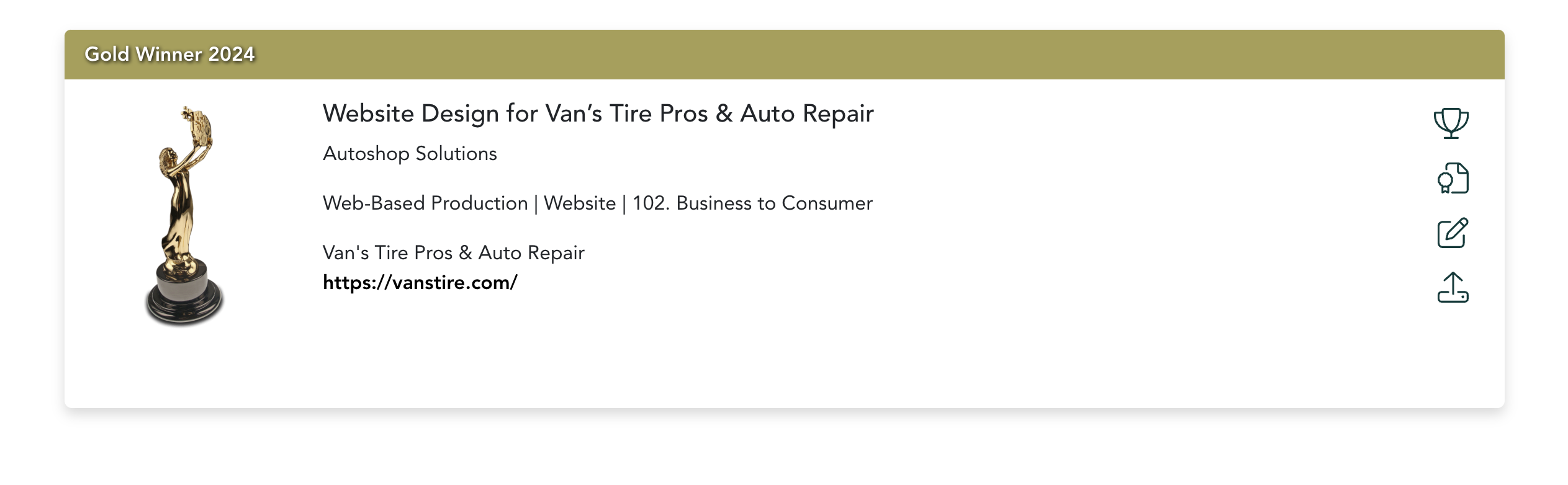 Autoshop Solutions Wins Gold AVA Award For Website Design</br>Of Van’s Tire Pros & Auto Repair!